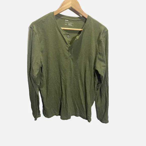Public Opinion Mens Long Sleeve Henley Shirt Olive Green Slub Cotton Blend M - Picture 1 of 4